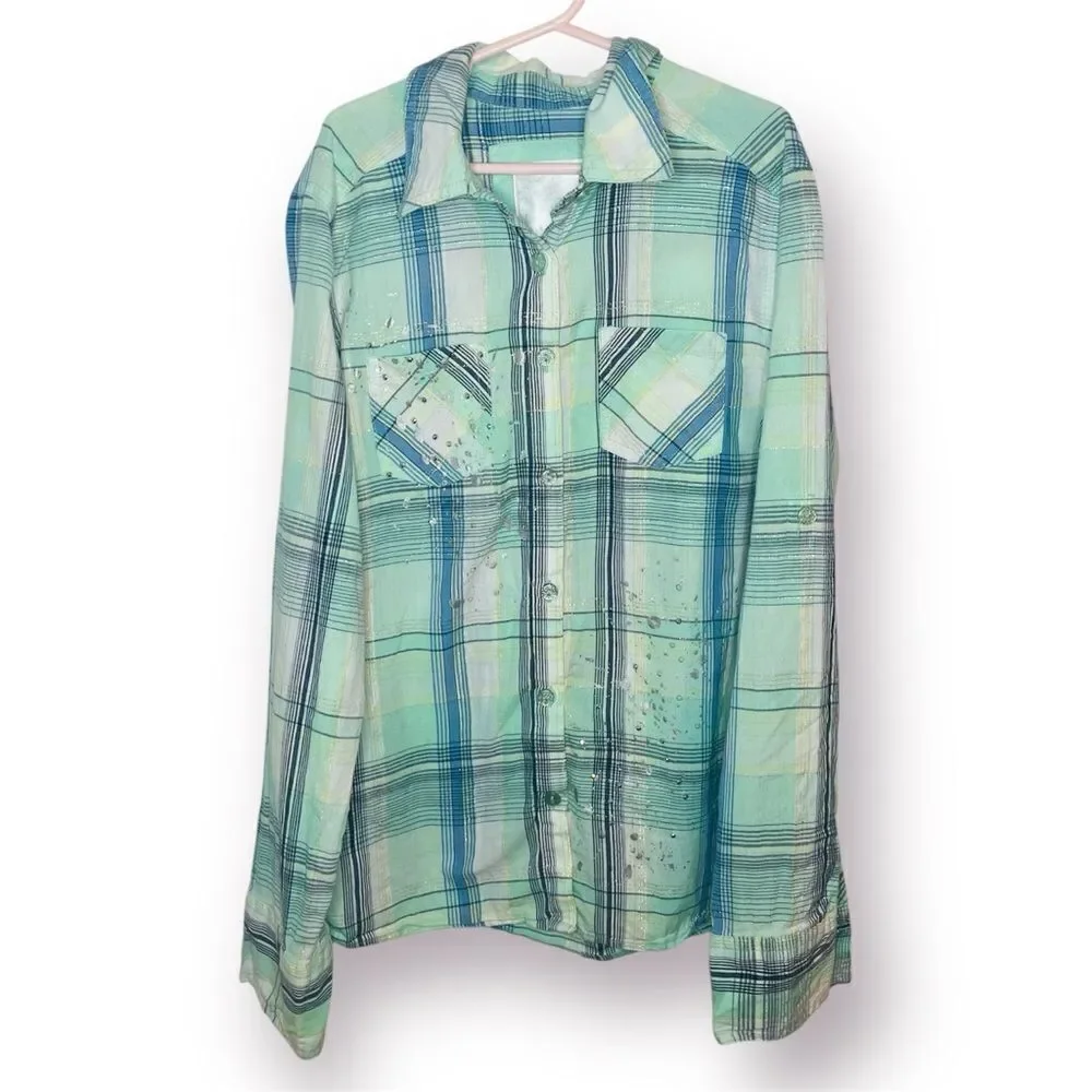 Justice Paint Splatter Silver Thread Plaid Button Down Shirt Green Blue 12